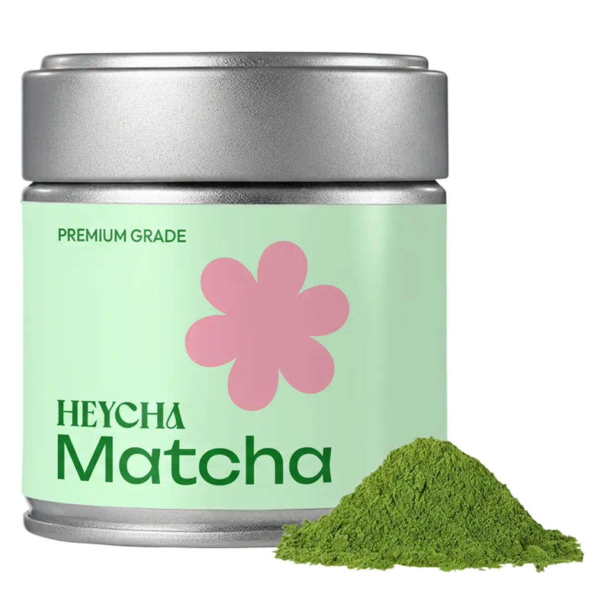 HEYCHA Matcha container with green powder on a white background