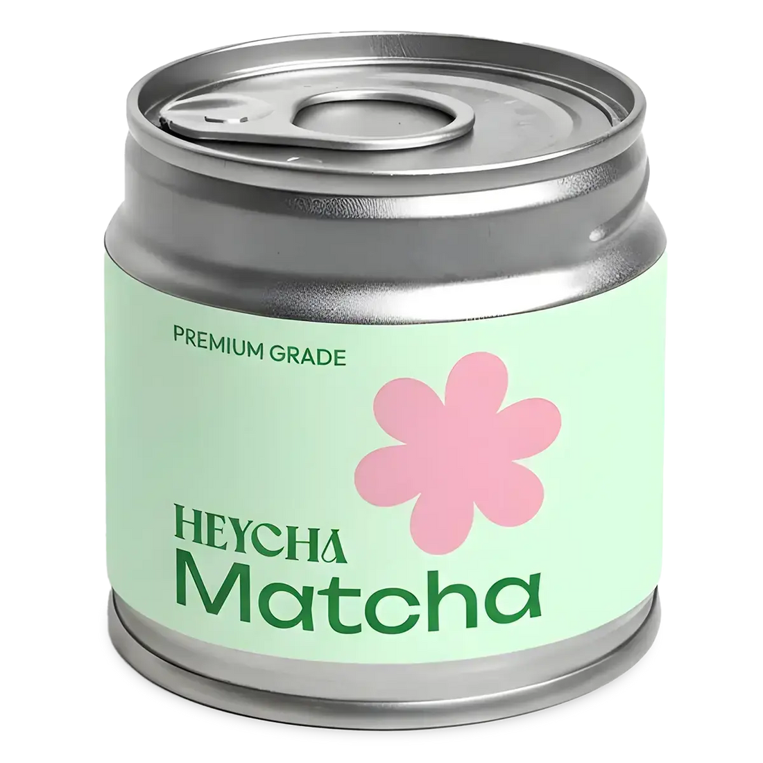 HEYCHA Matcha container with green powder on a white background