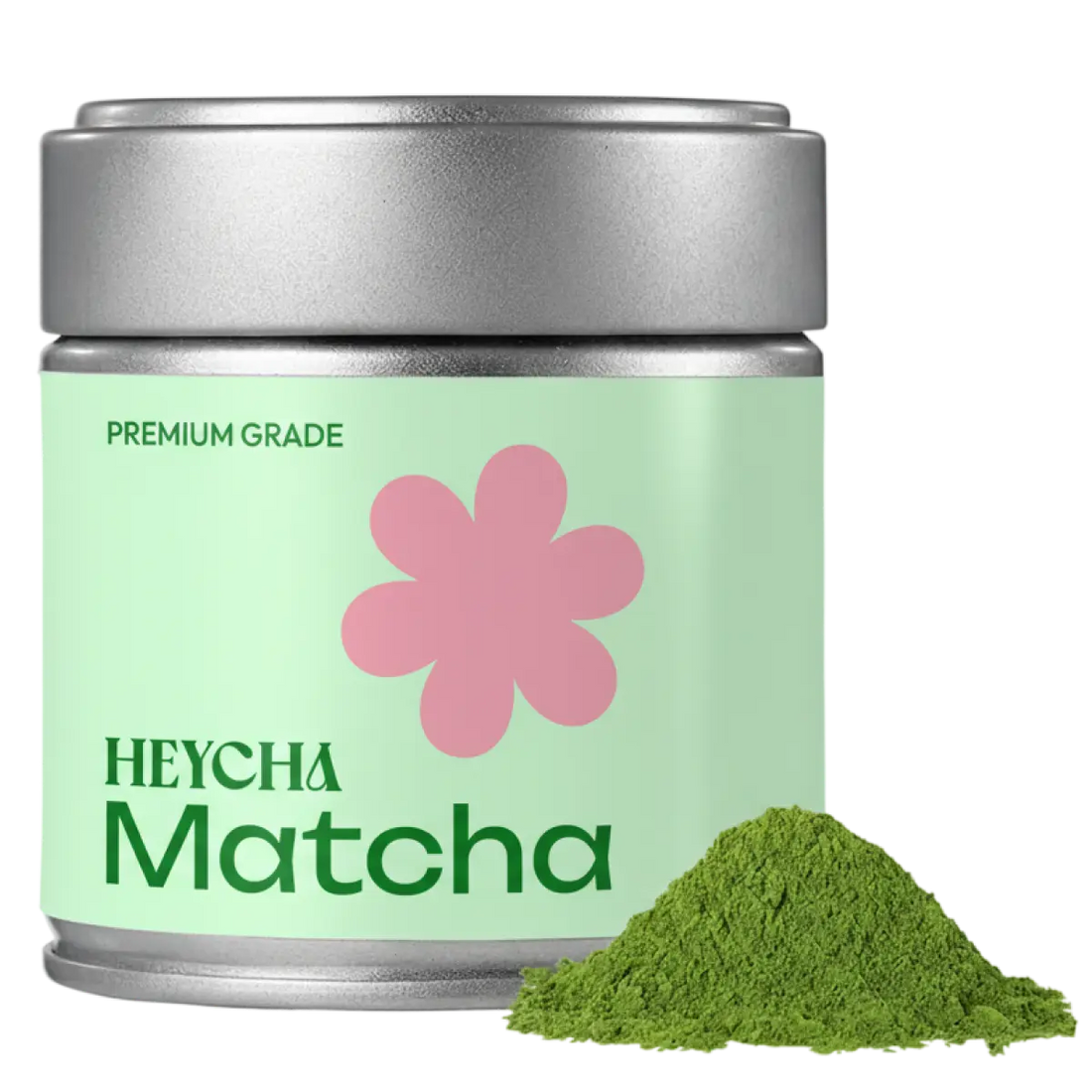 HEYCHA Matcha container with green powder on a white background